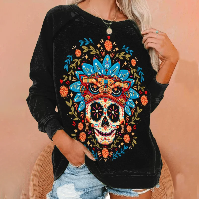 Casual Floral Skull Print Long Sleeve Sweatshirt