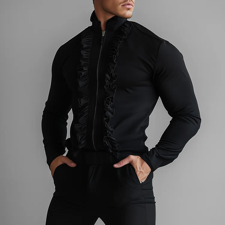 Okaywear Stand Collar Long Sleeve Ruffled Zip Up Shirt Okaywear