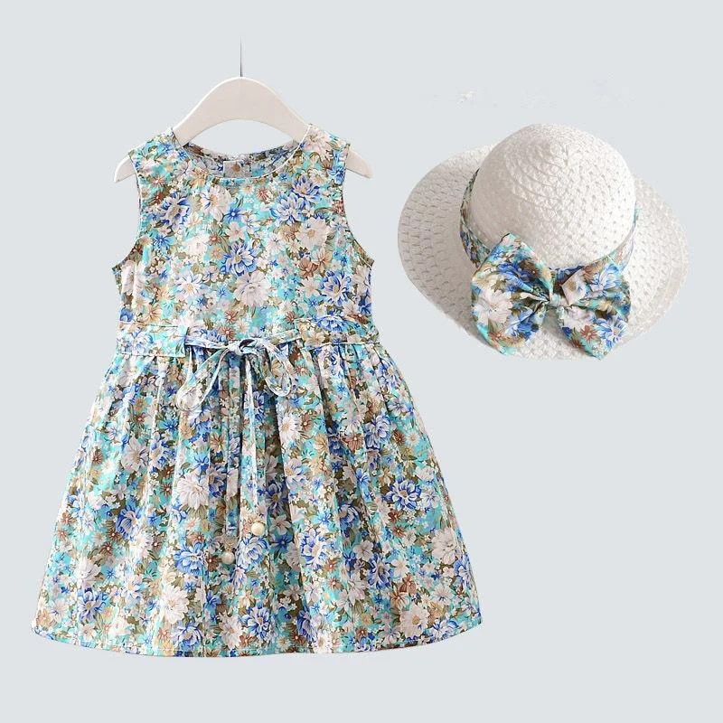 2PCS/Set Girls Dress +Hat Cotton Comfortable Children's Dress 2021 Summer Dress Floral Girls' Sleeveless Dress For Children