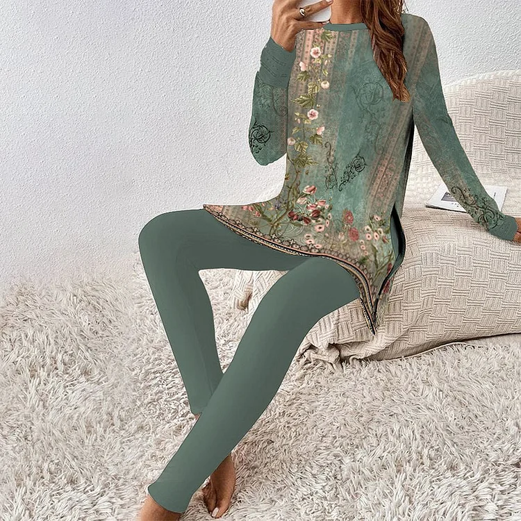 Green Print Long Sleeve Two Piece Set