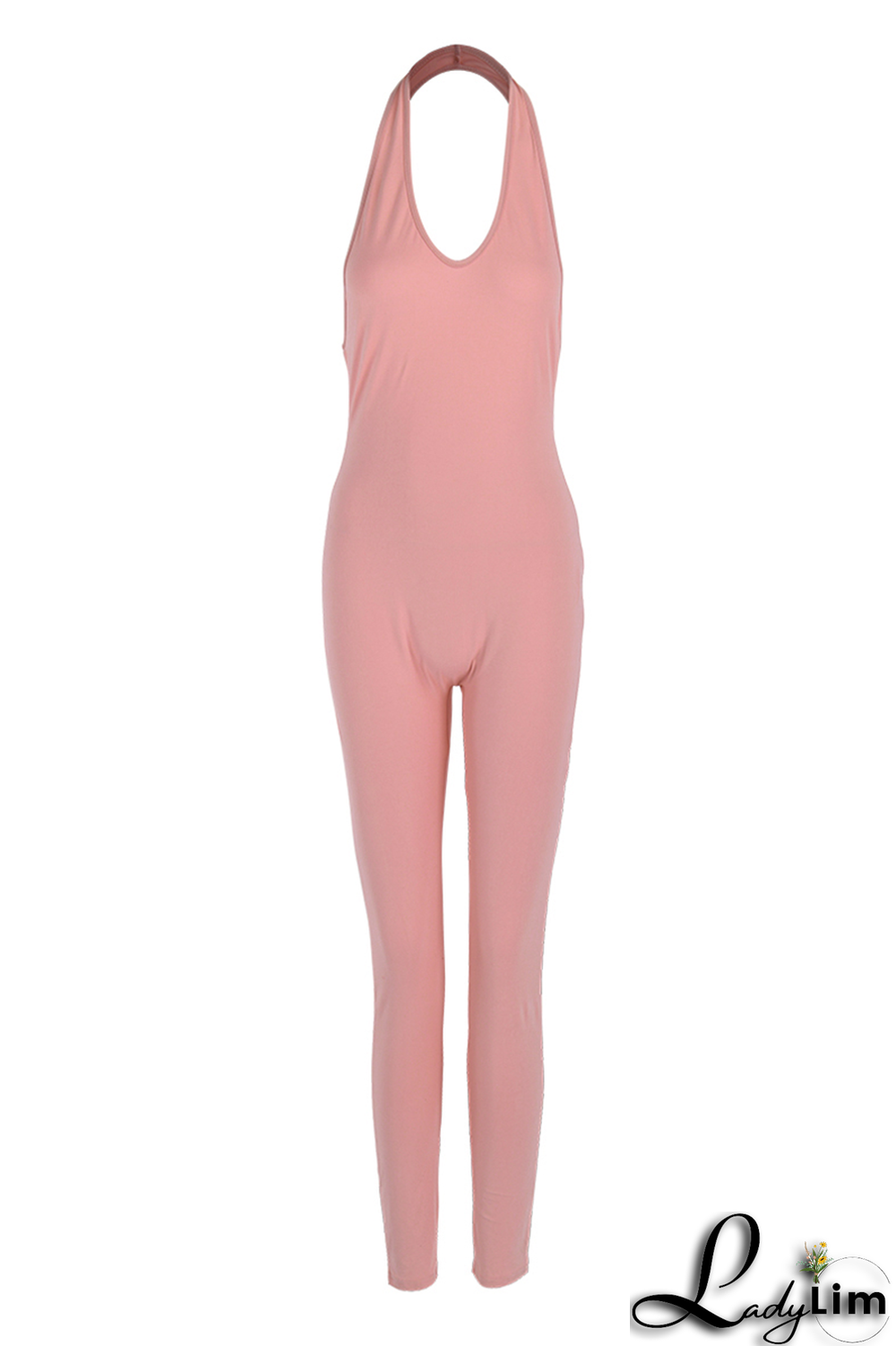 Pink Sexy Solid Backless Halter Skinny Jumpsuits