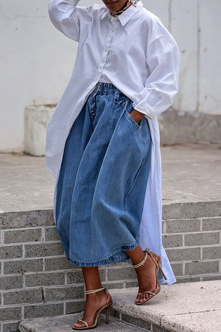 Plus Size Daily Blue Casual Pocket Wide Leg Denim Crop Jeans [Pre-Order]