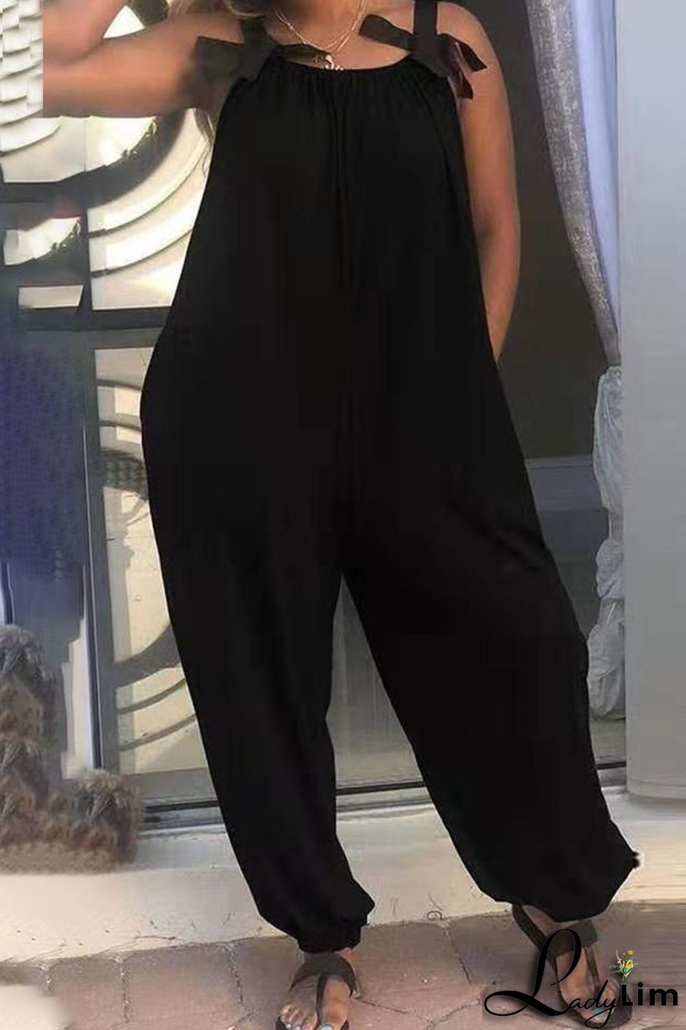 Burgundy Casual Solid Split Joint Spaghetti Strap Loose Jumpsuits