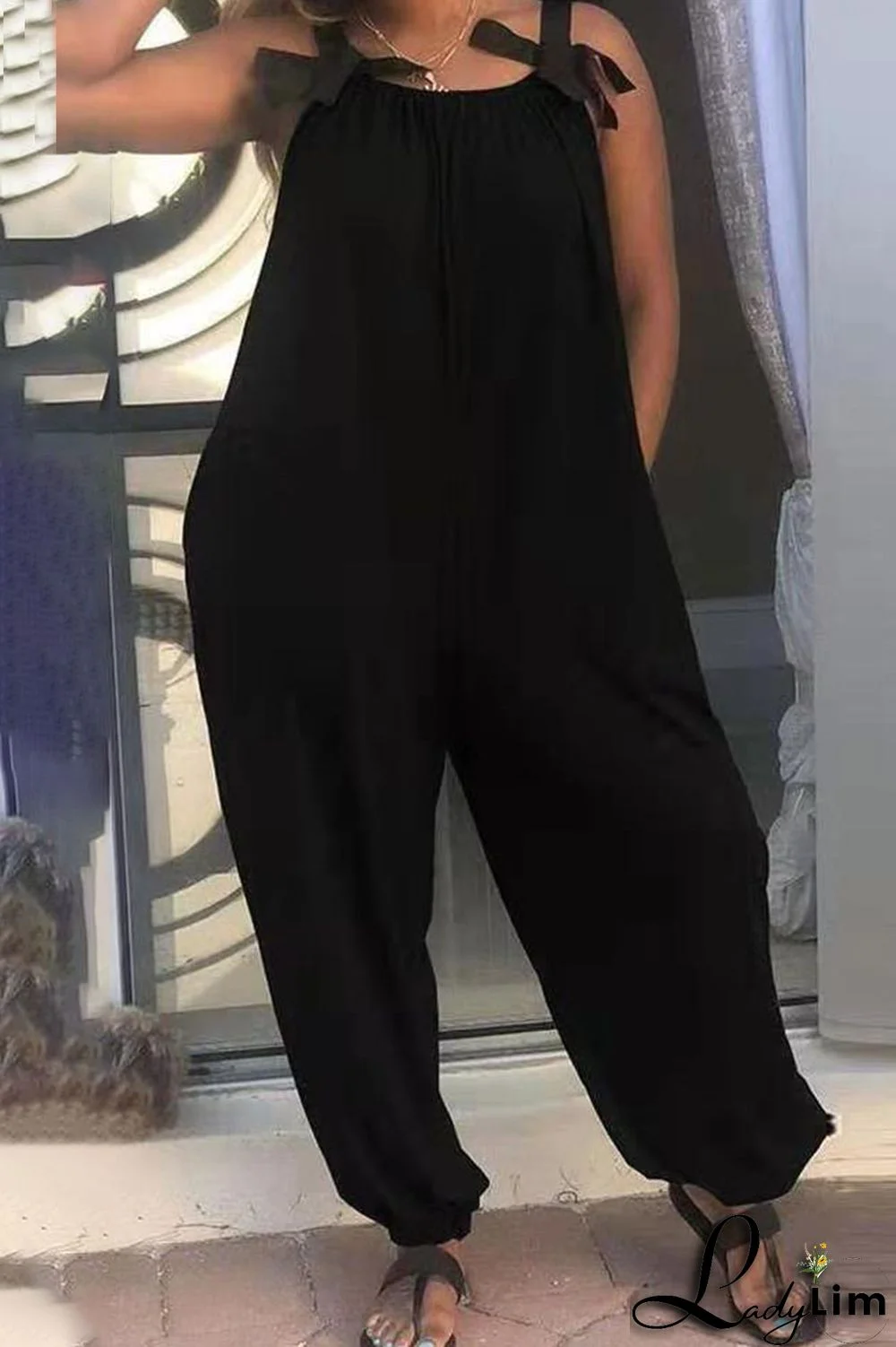 Burgundy Casual Solid Split Joint Spaghetti Strap Loose Jumpsuits