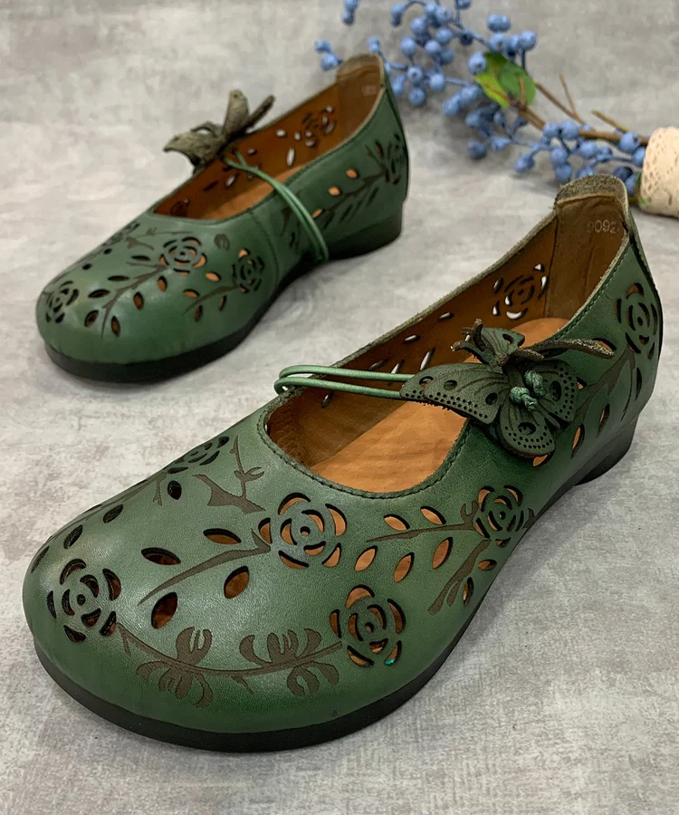 Women Green Hollow Out Genuine Leather Flat Feet Shoes