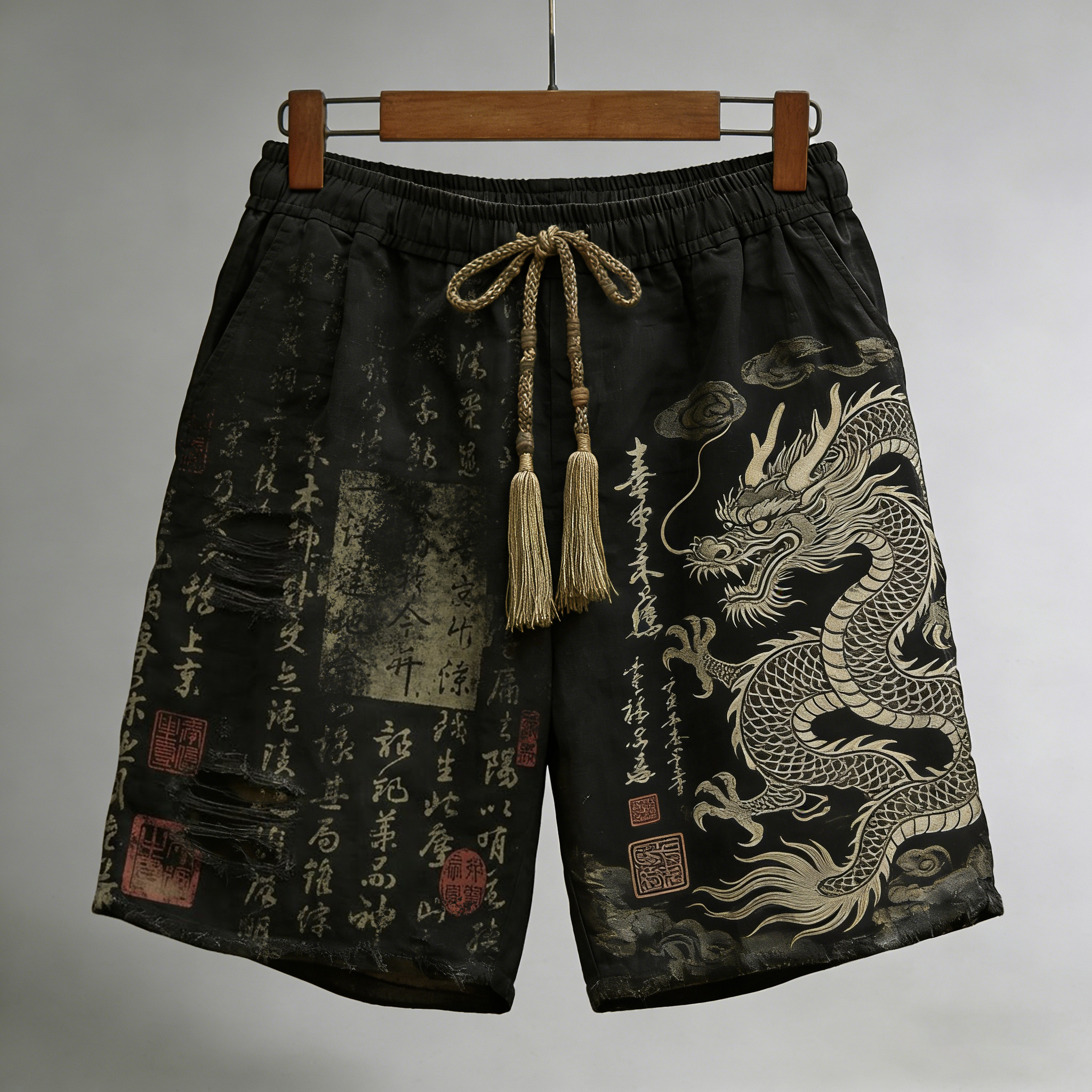 Men's Calligraphy With Dragon Art Pattern Linen Blend Casual Shorts elevenforest