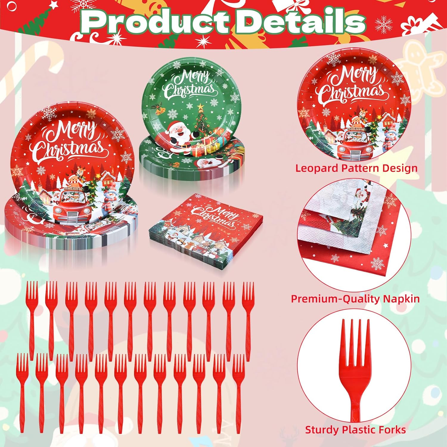Tegooe 100-Piece Disposable Christmas Tableware Set Serves 25 Guests Paper Plates Napkins