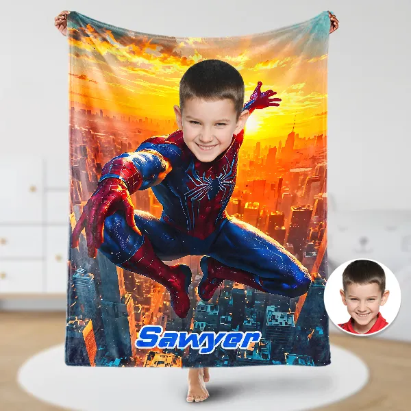 Custom Climbing Spider Boy Blankets Personalized Face & Name Hero Blanket Gifts For Boys