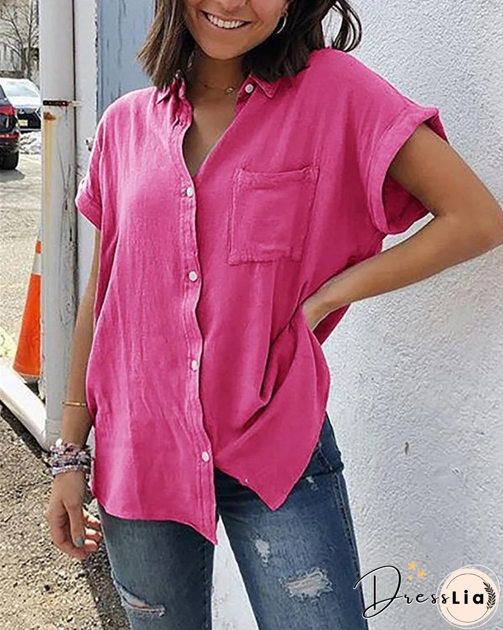 Pockets Short Sleeve Buttoned Down Plus Size Blouses