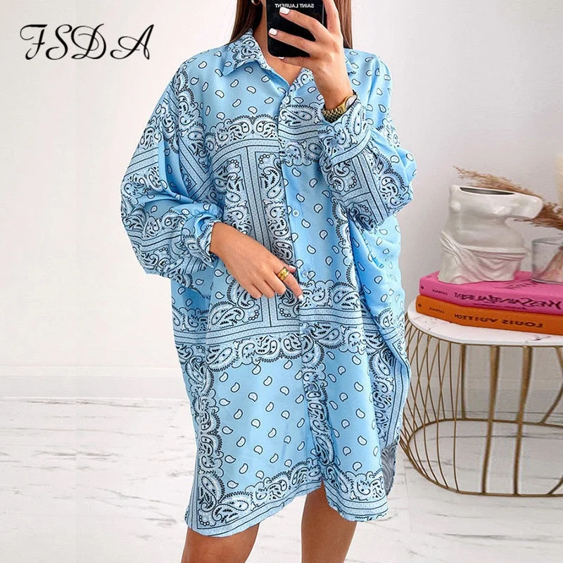 FSDA 2021 Long Sleeve Shirt Dress Print Women Blue Oversized Autumn Beach Sexy Loose Vintage Fashion Mini 90s Casual Dresses
