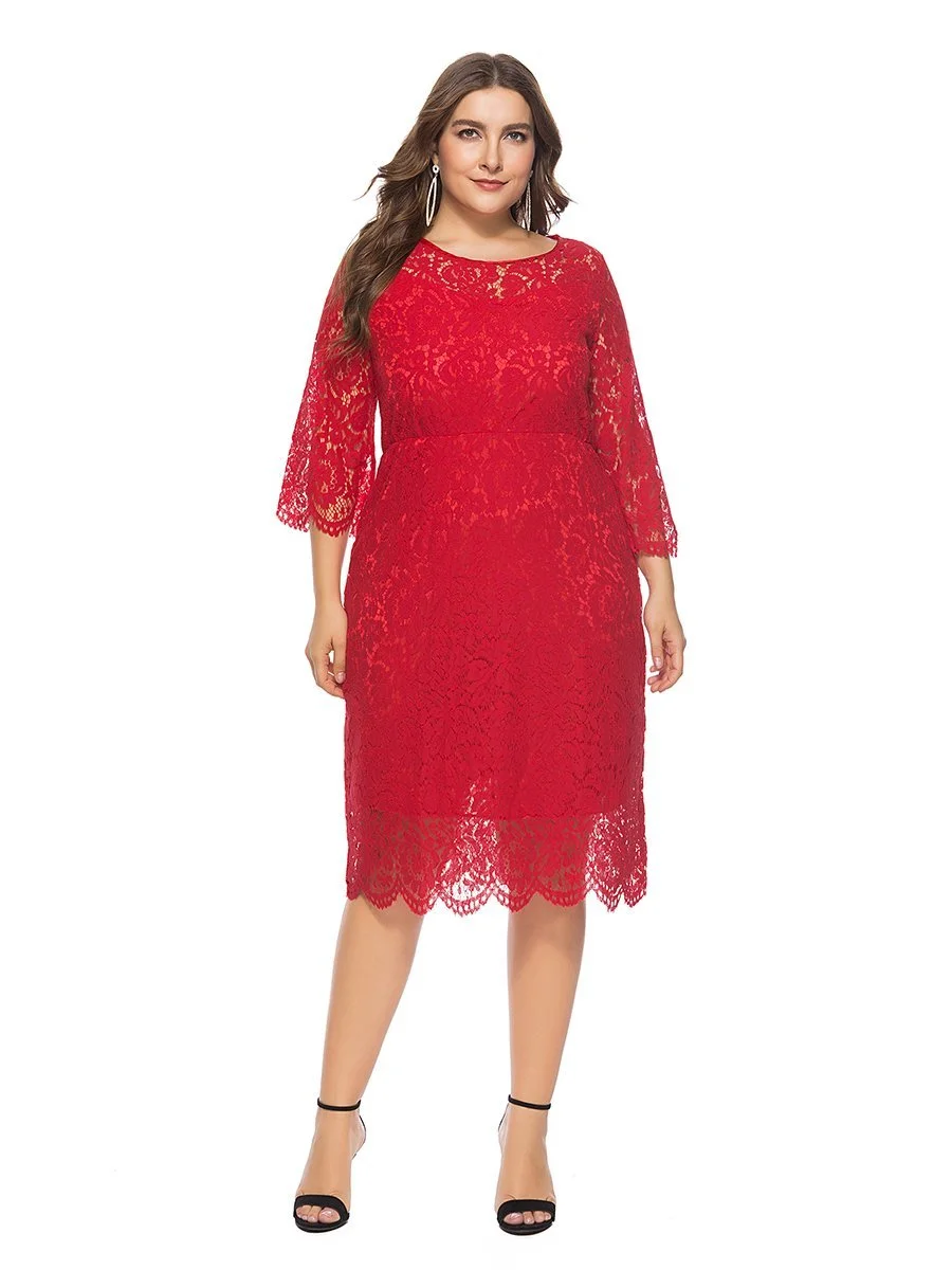 Plus Size Dress Three Quarters Sleeve O Neck Lace Midi Dress