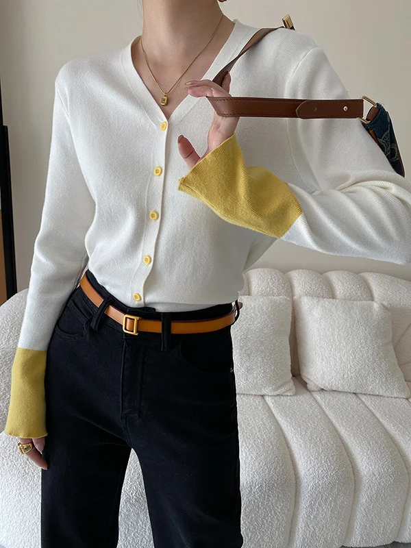 Flared Sleeves Long Sleeves Buttoned Contrast Color Split-Joint V-Neck Cardigan Tops