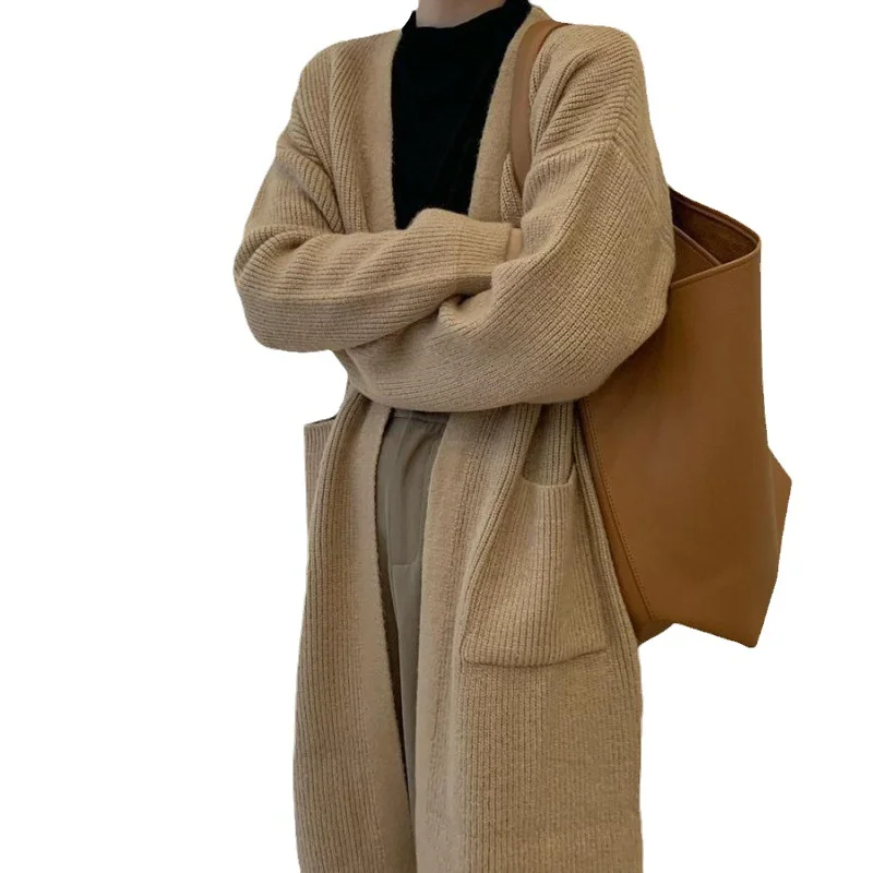 Toloer Toloer Winter Long Soft Milk Knit Cardigan Korean Version Loose Lazy Wind Big Pocket Temperament Soft Waxy Sweater Coat-Outfit Ideas