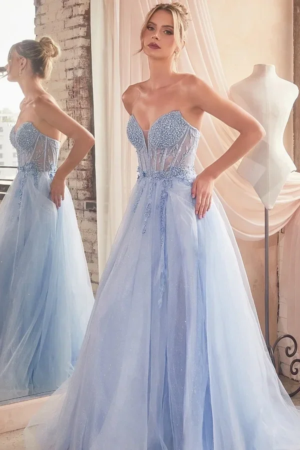 Daisda Baby Blue Sleeveless V-Neck Beadeds A-Line Prom Dress