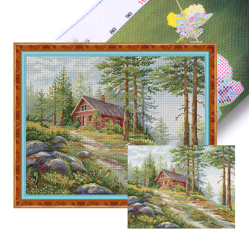 Little Red House In The Forest Full 14CT Pre-stamped Canvas(53*42cm) Cross Stitch(backstitch)