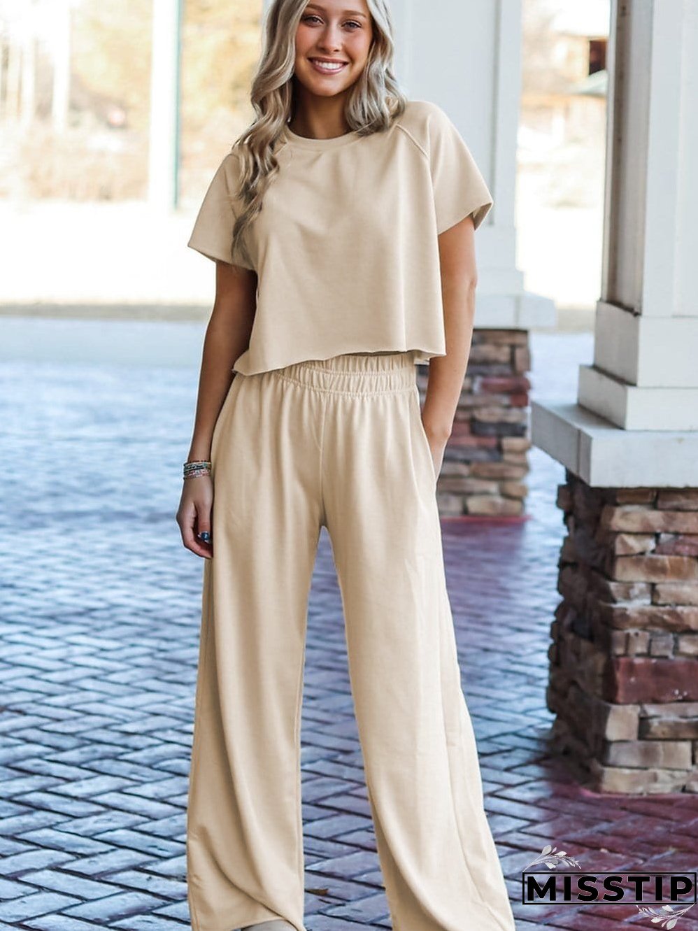 White Raw Edge Loose Tee and Wide Leg Pants Matching Set