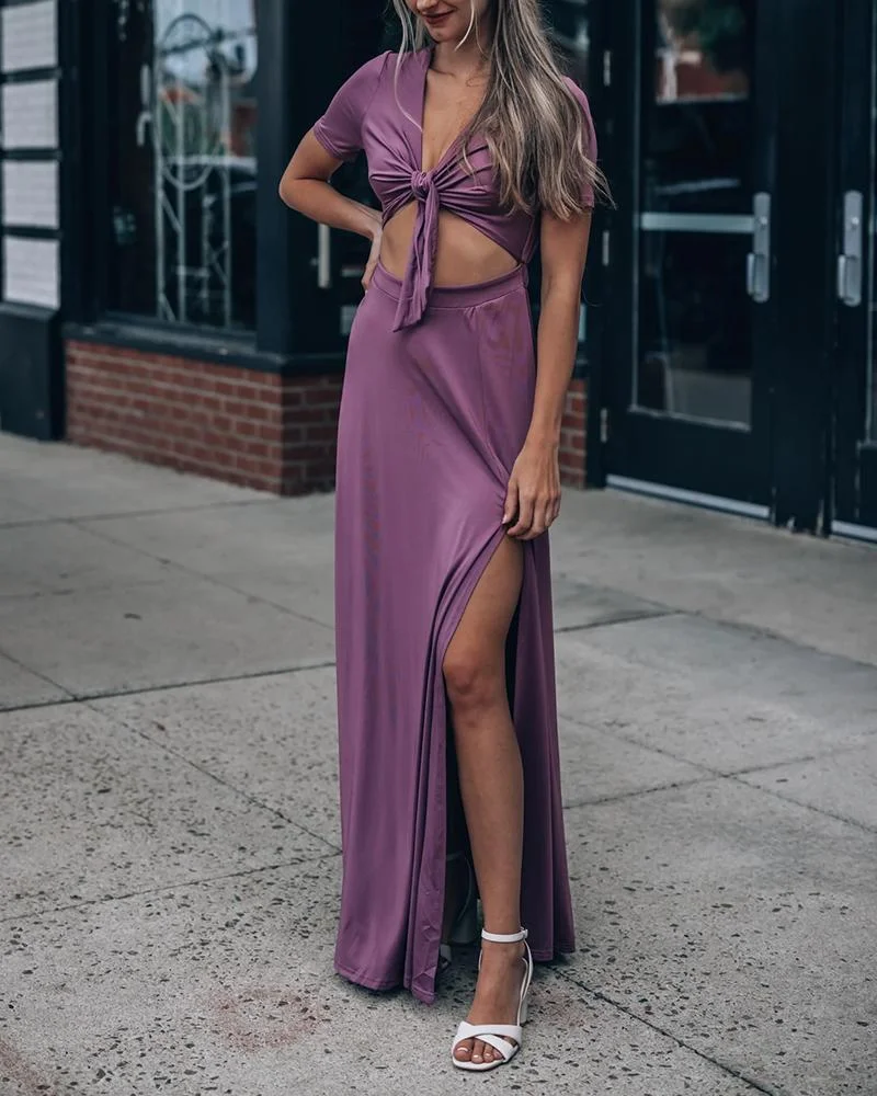 Sexy Deep V-Neck Solid Color Slit Dress