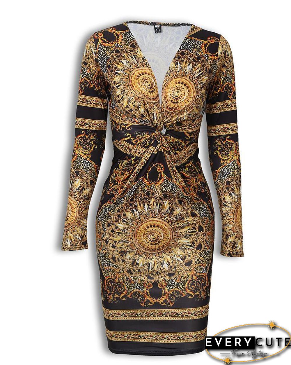Retro Print Twist Front Long Sleeve Dress P14364