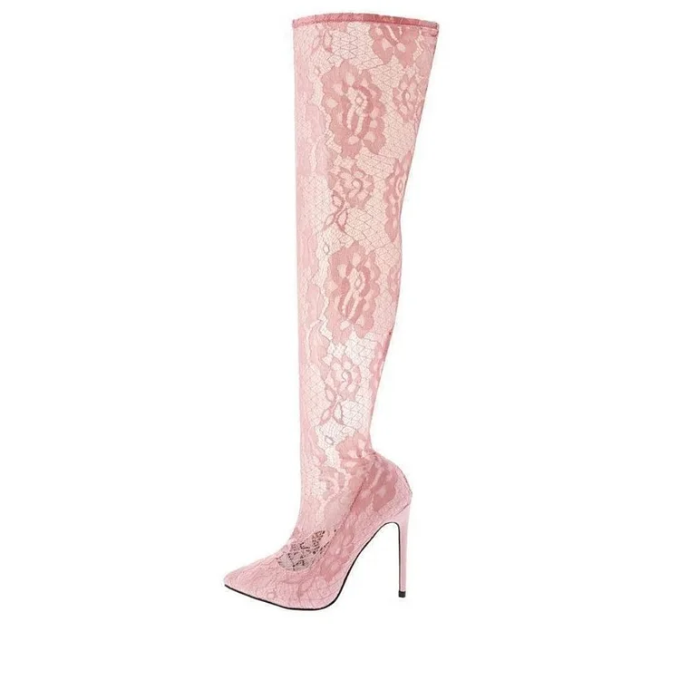 Pink Lace Thigh High Heel Boots |FSJ Shoes