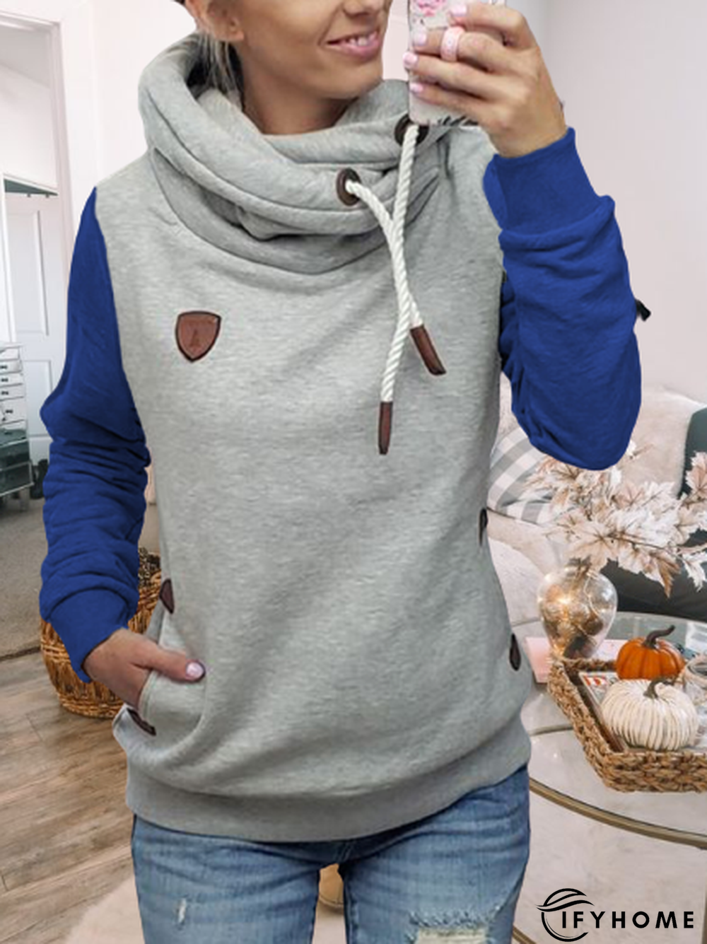Blue Cotton-Blend Casual Hoodie Tunic Sweatshirt | IFYHOME