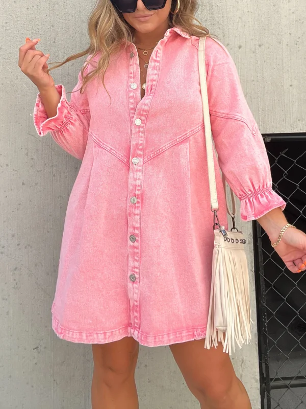 50% Off Only Today💥Long Sleeve Pink Downtown Denim Shirt Dress