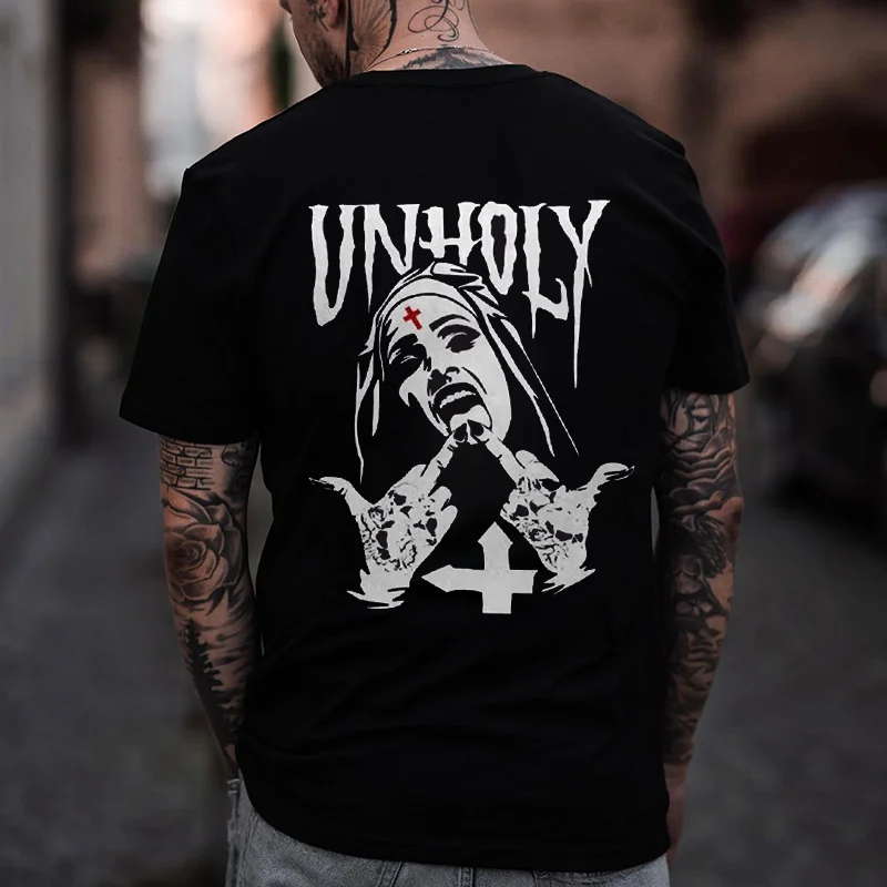 UNHOLY Nun with Crucifix on Forehead Graphic Casual Black Print T-shirt