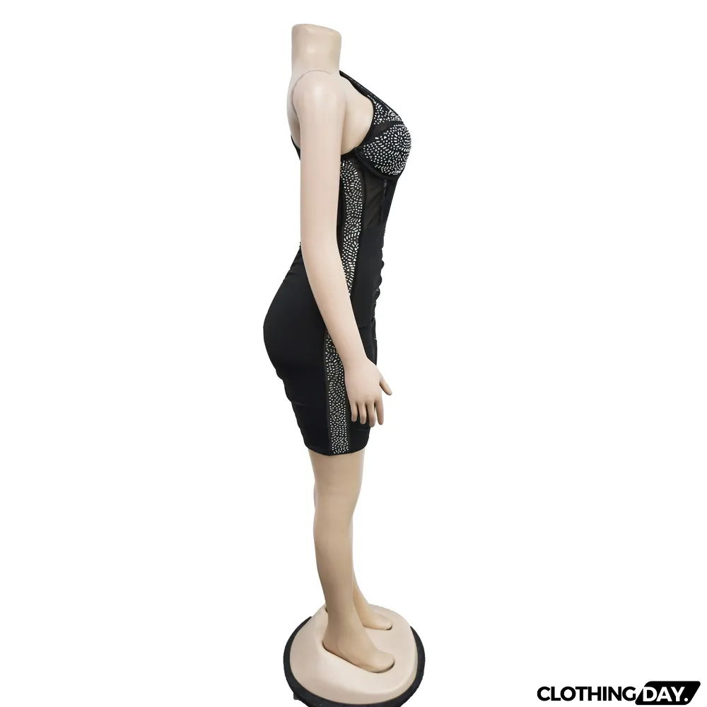 Women's Fashion Solid Color Beaded Mesh Sleeveless Slash Shoulder Dress