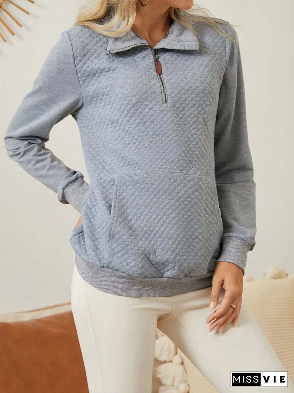 Solid Zip Front Pocket Long Sleeve Lapel Women Sweatshirt