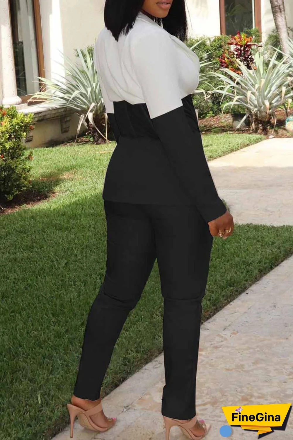 Pale Red Casual Patchwork Contrast Turndown Collar Long Sleeve Two Pieces