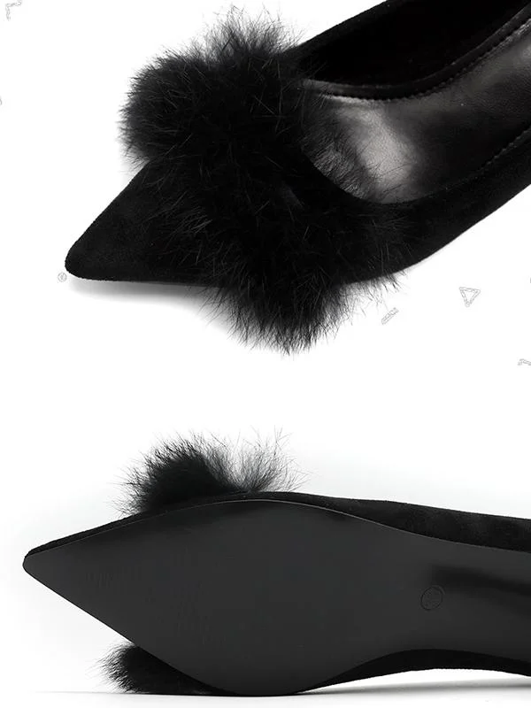 Fashionable rabbit fur suede stiletto heel sexy pointed kitten high heels