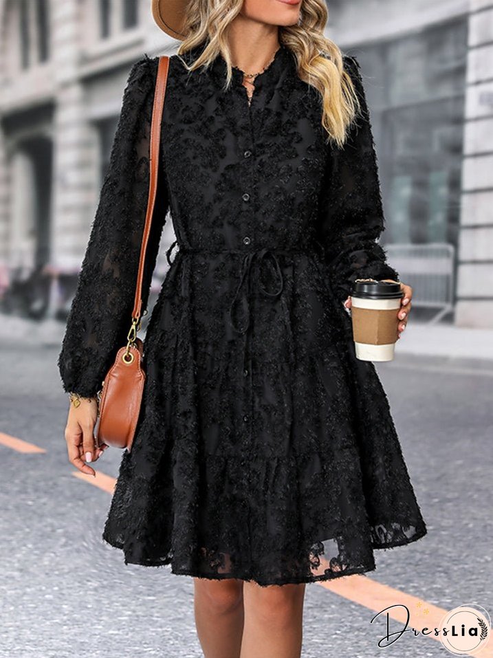 Little Black V-Neck Long Sleeve Buttoned Dress