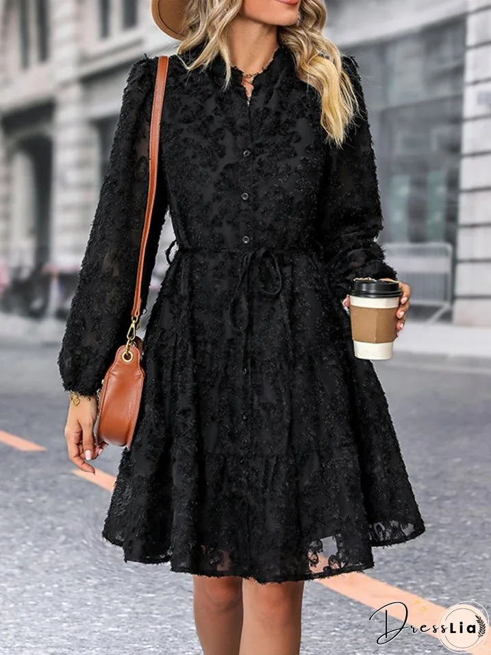Little Black V-Neck Long Sleeve Buttoned Dress