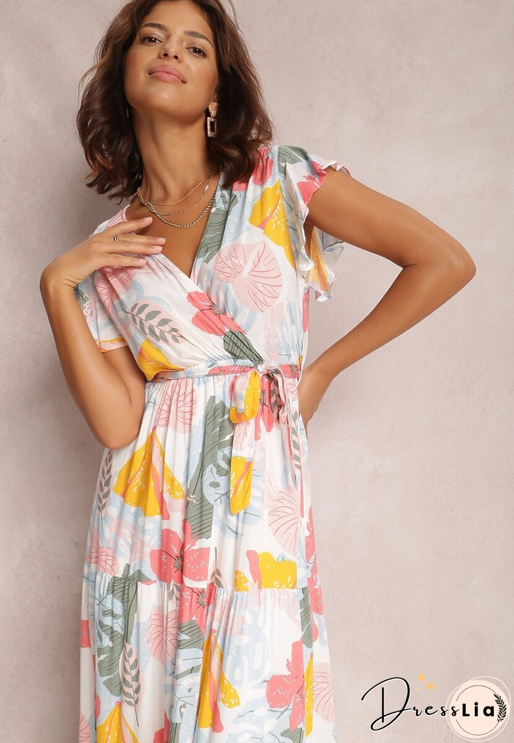 Elegant Floral Print Dress For Women Summer Dresses New Cotton V-Neck Lace-up Ruffle Short Flying Sleeve Maxi Dress