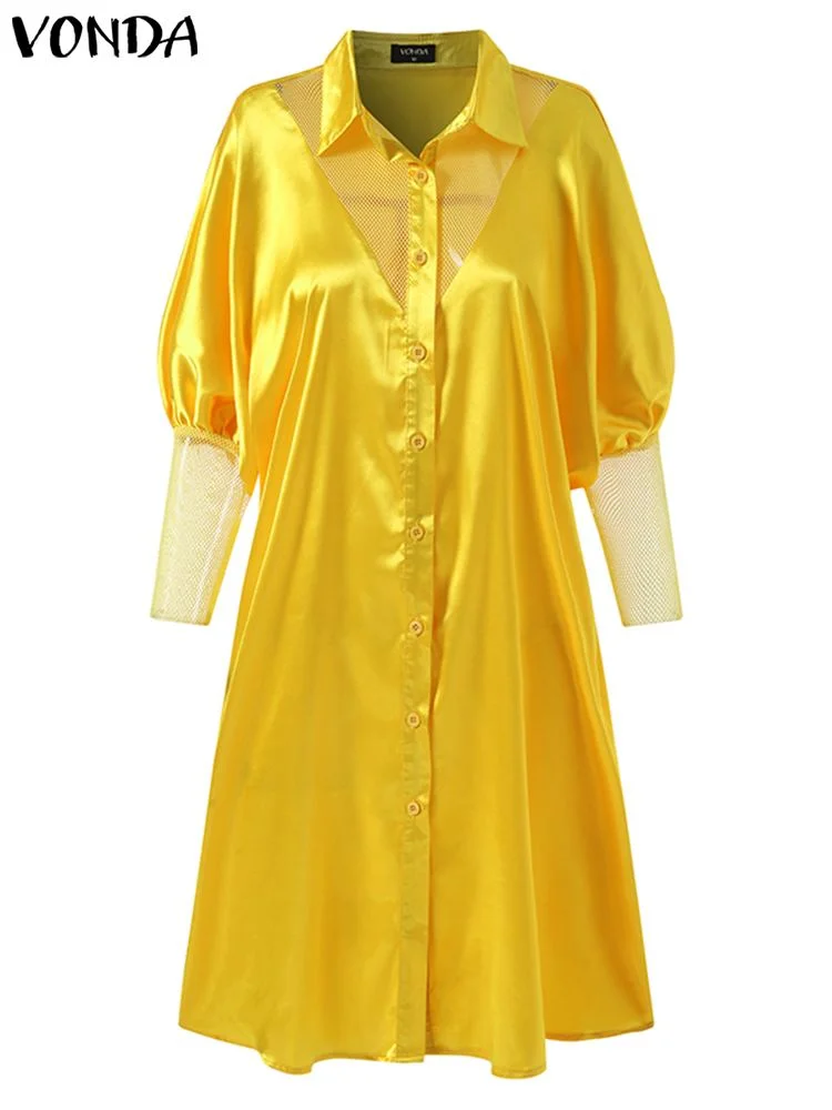 Elegant Patchwork Lace Dress VONDA Women Hollow Out Knee-Lenght Dress Vintage Lantern Sleeve Sundress Casual Vestido Femininas