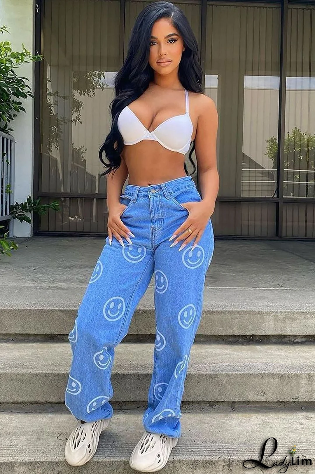 Smile You're On Camera Boyfriend Jeans - Light Blue Wash