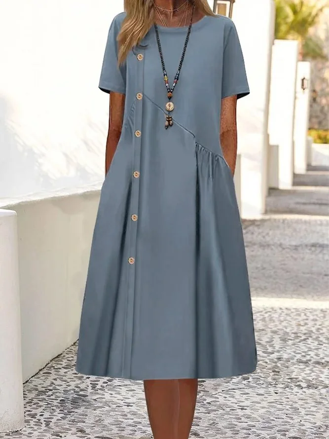 Plain Cotton Linen Nail Buckle Irregular Design Loose A-Hem Midi Dress