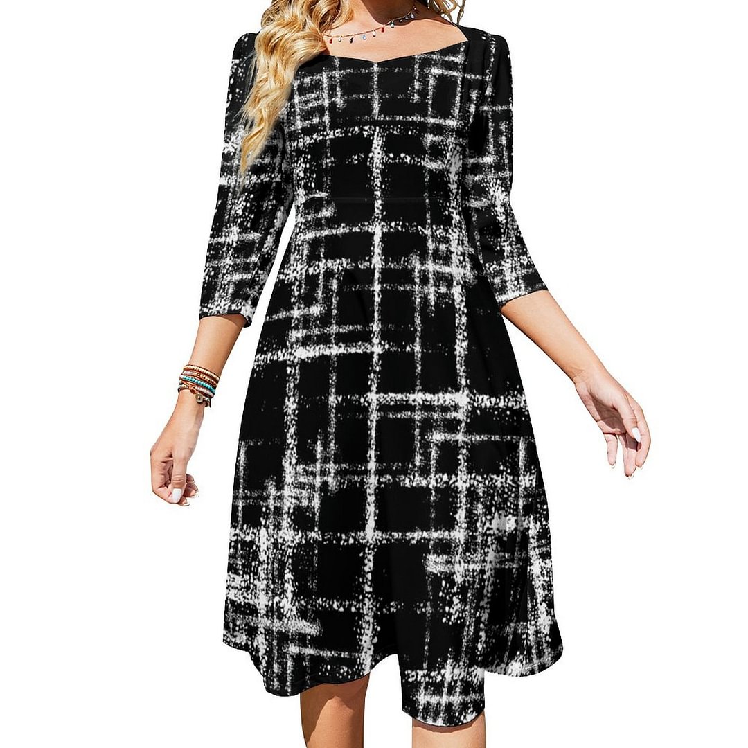 Abstract Black And White Criss Cross Pattern Dress Sweetheart Tie Back Flared 3/4 Sleeve Midi Dresses