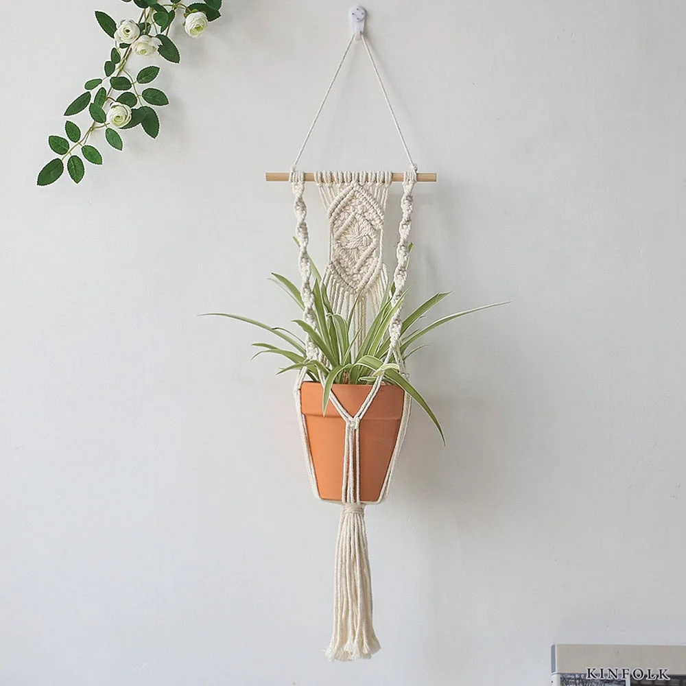 Macrame Plant Hangers Indoor Hanging Planter Basket with Wood Beads Decorative Flower Pot Holder No Tassels for Indoor Outdoor H