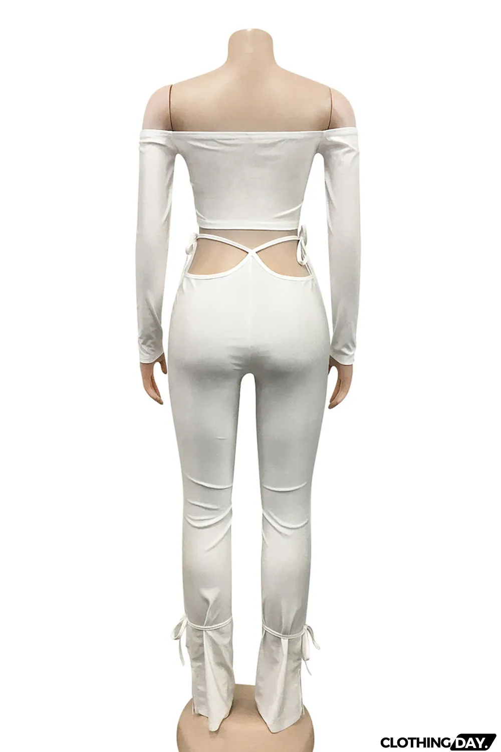 White Sexy Solid Bandage Split Joint Fold Bateau Neck Long Sleeve Two Pieces
