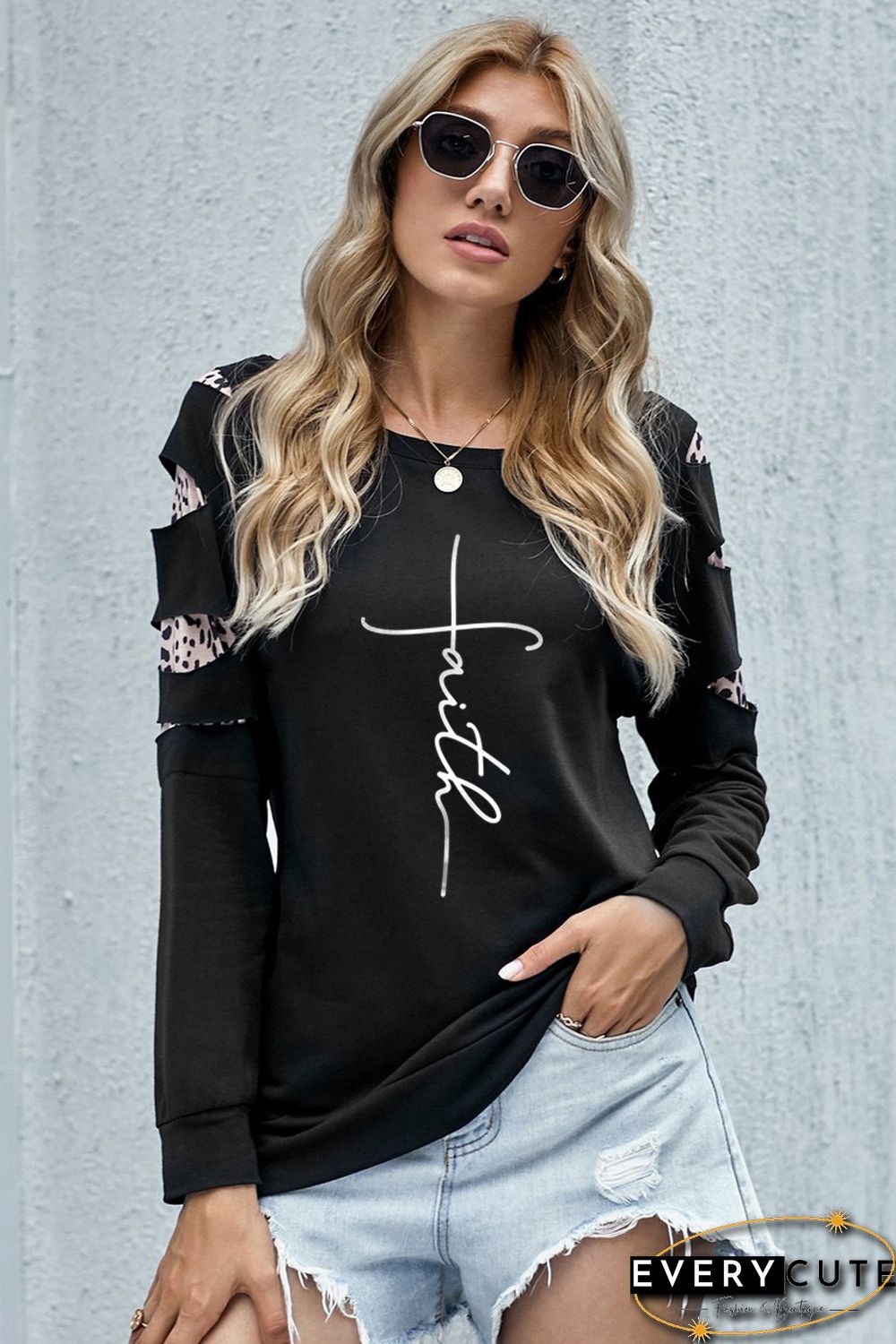 Letter Print Cut-out Long Sleeve Pullover Sweatshirt