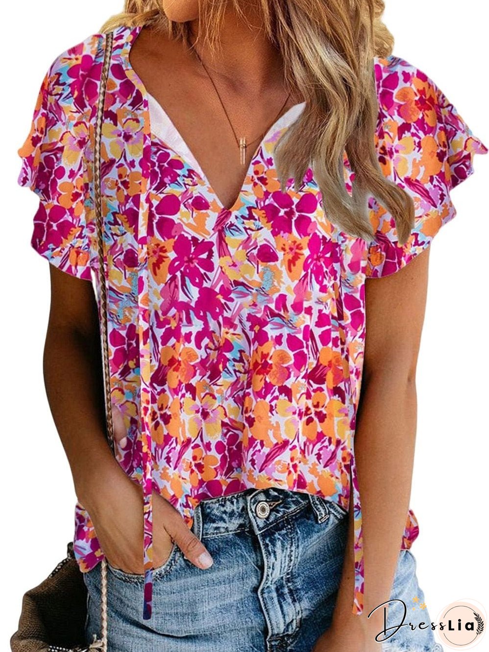 Fiery Red Floral Print Top with Flutter Sleeves