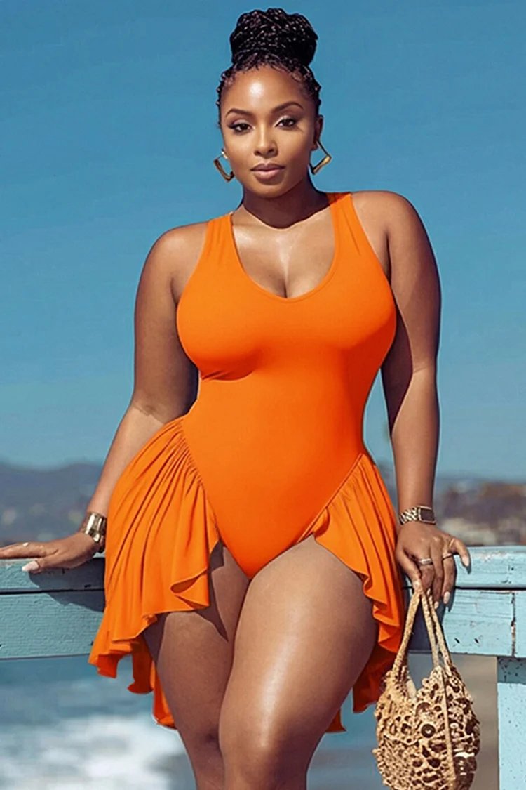 Xpluswear Design Plus Size Beach Orange Round Neck Ruffle Swimsuit Fabric Swimwear Dress [Pre-Order]