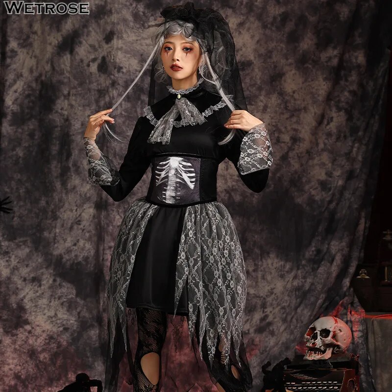 [Wetrose] Halloween Gothic Lolita Dress Cosplay Costume skeleton Skull For women kids kid set party carnival ripped Gown