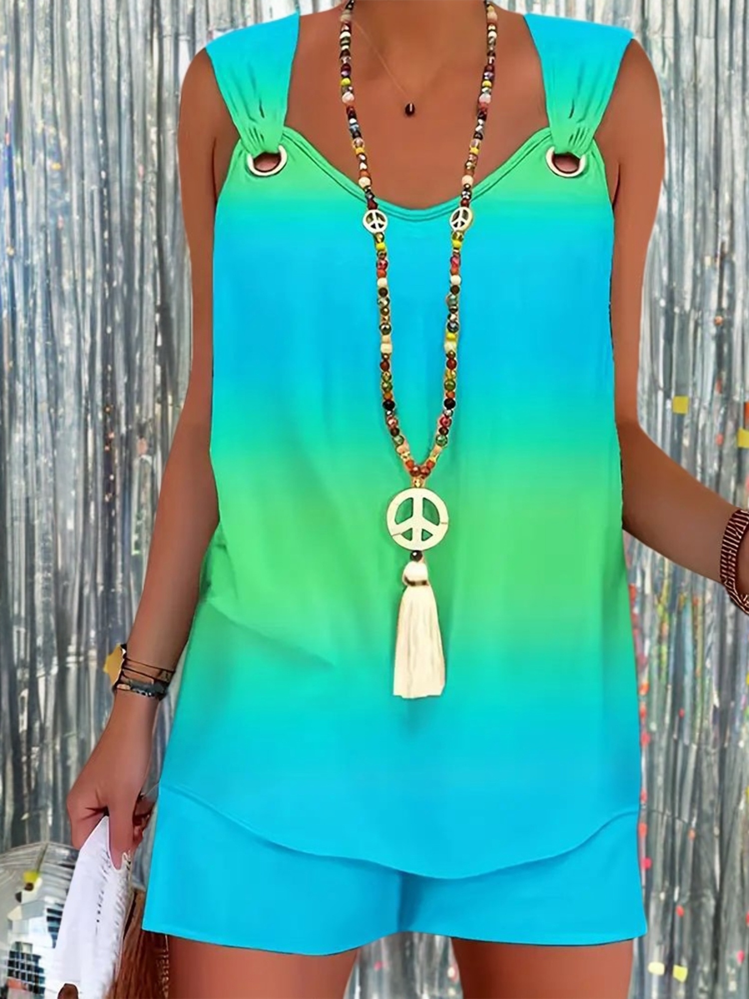 Womens Casual 2pcs Outfits Sleeveless Summer Gradient Print Tank Tops + Shorts Set Loungewear | IFYHOME