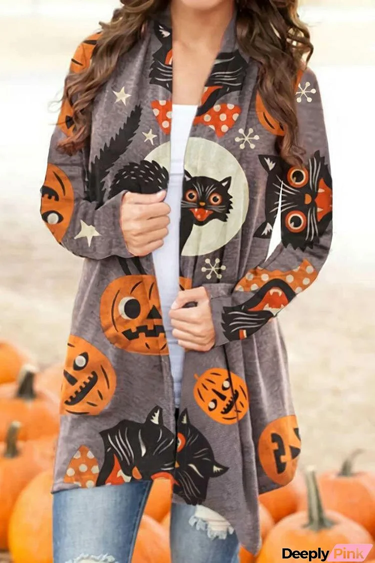 Multicolor Shawl Neck Pumpkin&Cat Print Halloween Cardigan