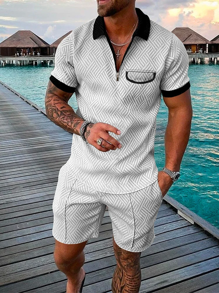 Men's Zip Polo Shirt and Shorts Two-Piece Suits