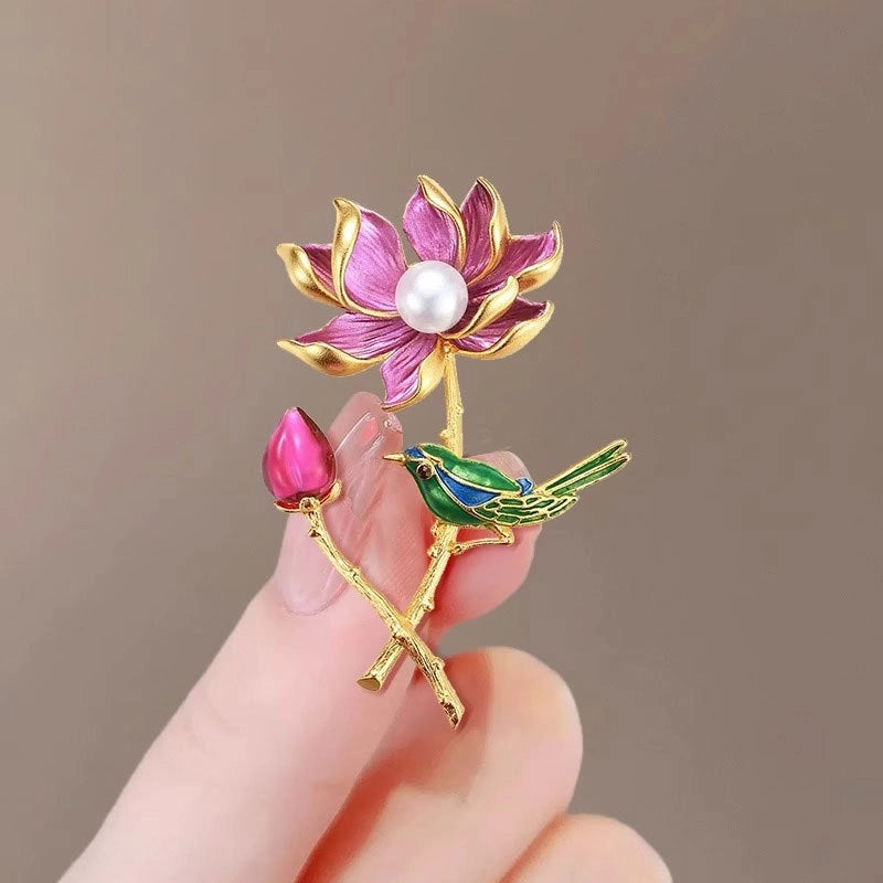 Chinese Style Magpie Lotus Brooch Women's High-end Retro Exquisite Cheongsam Hanfu Corsage Q & A Coat Pin Accessories