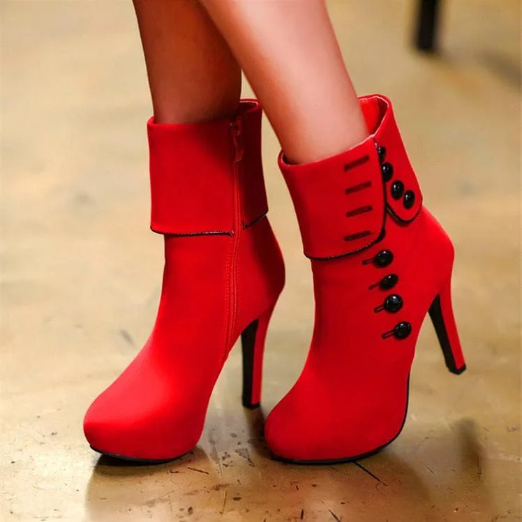 Red/Black Button Velvet High Heels Boots SP14112