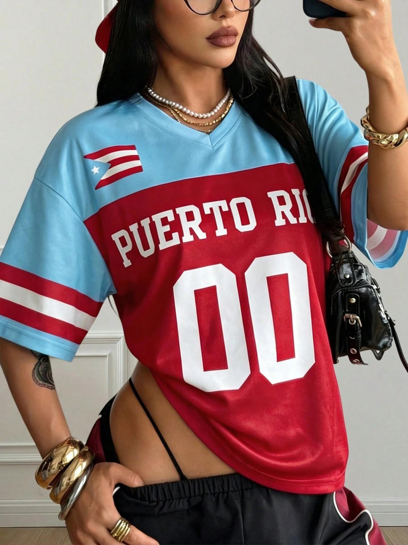 Women's Puerto Rico Soccer Jersey, Y2K Streetwear Tee, Loose Breathable All-Over Print Athletic Top