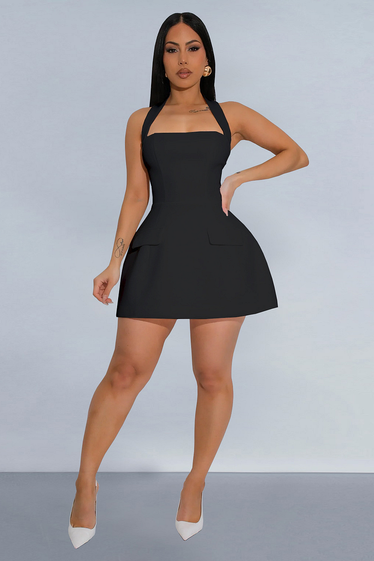 Halter Neck Cinch Waist Solid Color Cocktail Party Mini Dresses-White